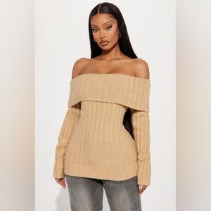 Off-Shoulder Ribbed Knit Sweater - Taupe (Medium)
